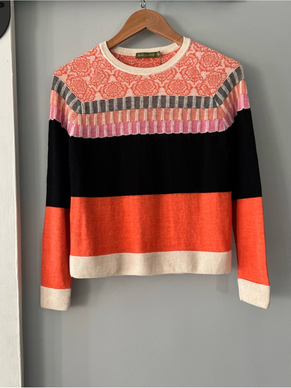 NWOT Sol Alpaca 100% Baby Alpaca Geometric Floral Crewneck Sweater Women XS $225